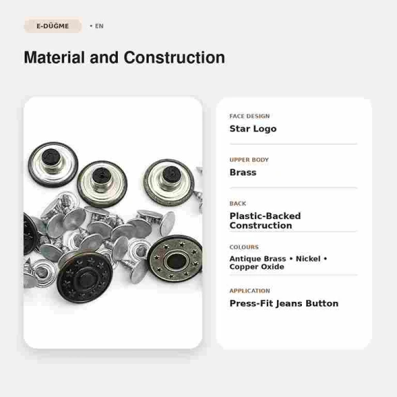 17 mm yıldızlı logo kot düğmesi, çakmalı pantolon düğmesi, denim ürünleri için ideal aksesuar