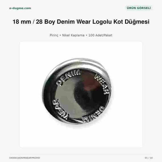18 mm Kot Düğmesi Denim Wear Logolu Nikel Sabit Çanaklı 100 Adet/Paket DK00018DNMWEARPROMO