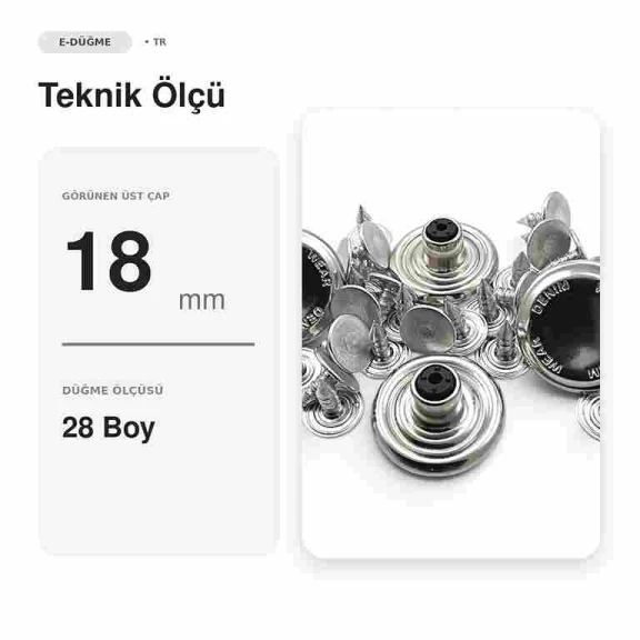 18 mm kot düğmesi, nikel sabit çanaklı, denim wear logolu, 100 adet paket, bakır oksit kaplama, jean pantolon ve çanta için