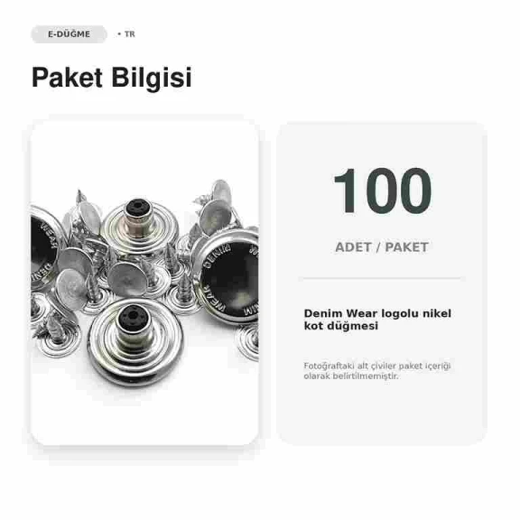 18 mm kot düğmesi, nikel sabit çanaklı, denim wear logolu, 100 adet paket, bakır oksit kaplama, jean pantolon ve çanta için