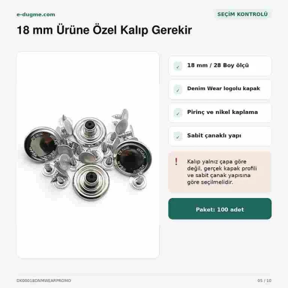 18 mm kot düğmesi, nikel sabit çanaklı, denim wear logolu, 100 adet paket, bakır oksit kaplama, jean pantolon ve çanta için