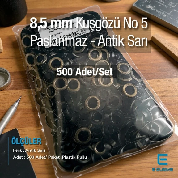 5 Nolu Kuşgözü Antik Sarı Paslanmaz 8,5 mm 500 Ad/Paket ER0005PPKAS