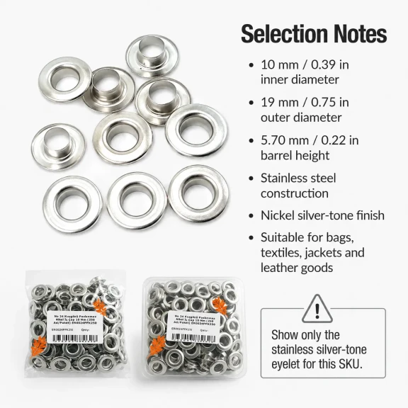 No 24 Kuşgözü Gümüş Nikel Paslanmaz Çelik İç Çap 10 mm 250 Adet/Paket ER0024PPK, tekstil ve çanta projeleri için ideal çözüm