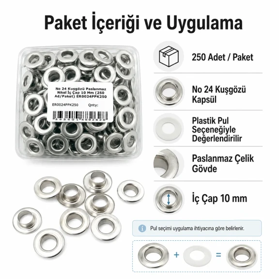 No 24 Kuşgözü Gümüş Nikel Paslanmaz Çelik İç Çap 10 mm 250 Adet/Paket ER0024PPK, tekstil ve çanta projeleri için ideal çözüm