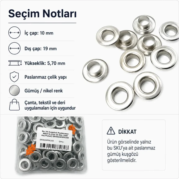 No 24 Kuşgözü Gümüş Nikel Paslanmaz Çelik İç Çap 10 mm 250 Adet/Paket ER0024PPK, tekstil ve çanta projeleri için ideal çözüm