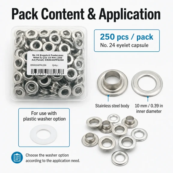 No 24 Kuşgözü Gümüş Nikel Paslanmaz Çelik İç Çap 10 mm 250 Adet/Paket ER0024PPK, tekstil ve çanta projeleri için ideal çözüm
