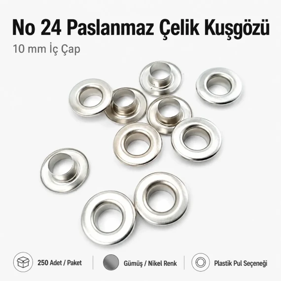 No 24 Kuşgözü Gümüş Nikel Paslanmaz Çelik İç Çap 10 mm 250 Adet/Paket ER0024PPK