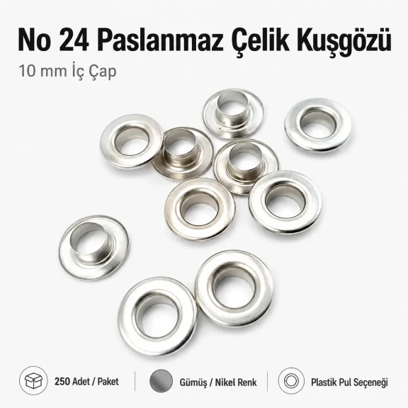 No 24 Kuşgözü Gümüş Nikel Paslanmaz Çelik İç Çap 10 mm 250 Adet/Paket ER0024PPK, tekstil ve çanta projeleri için ideal çözüm