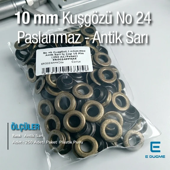 No 24 Kuşgözü Antik Sarı Çelik İç Çap 10 mm (250 Ad/Paket) ER0024PPKAS