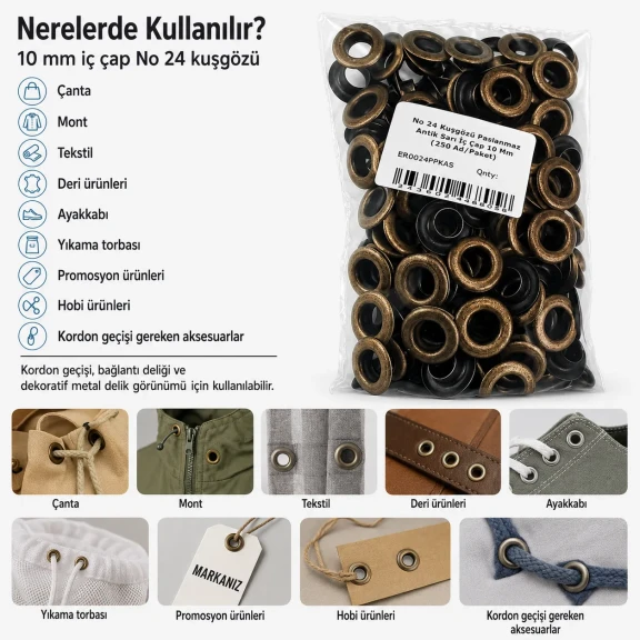 No 24 Antik Sarı Paslanmaz Kuşgözü 10 mm - Tekstil ve Deri Uygulamaları için Dayanıklı ve Estetik Çözüm