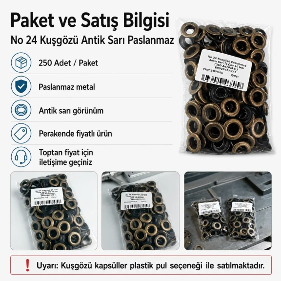No 24 Antik Sarı Paslanmaz Kuşgözü 10 mm - Tekstil ve Deri Uygulamaları için Dayanıklı ve Estetik Çözüm