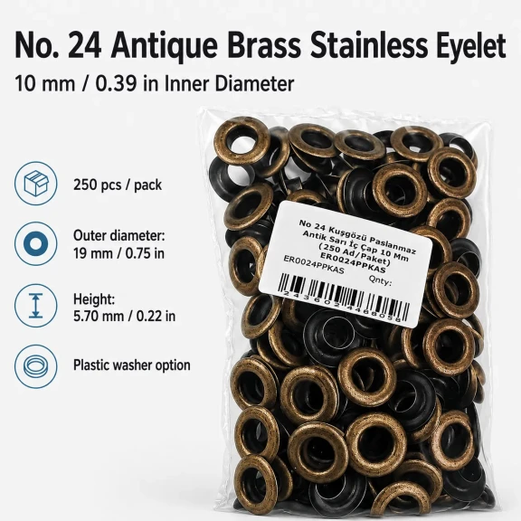 No 24 Antik Sarı Paslanmaz Kuşgözü 10 mm - Tekstil ve Deri Uygulamaları için Dayanıklı ve Estetik Çözüm