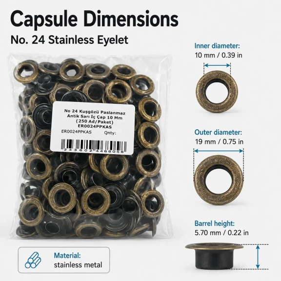 No 24 Antik Sarı Paslanmaz Kuşgözü 10 mm - Tekstil ve Deri Uygulamaları için Dayanıklı ve Estetik Çözüm