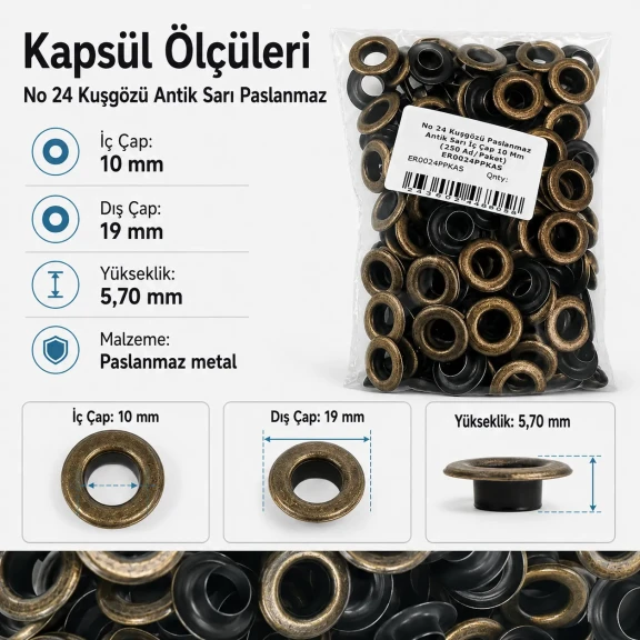 No 24 Antik Sarı Paslanmaz Kuşgözü 10 mm - Tekstil ve Deri Uygulamaları için Dayanıklı ve Estetik Çözüm