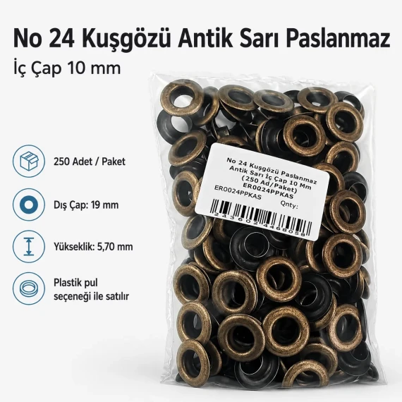 No 24 Kuşgözü Antik Sarı Paslanmaz İç Çap 10 mm 250 Adet/Paket ER0024PPKAS