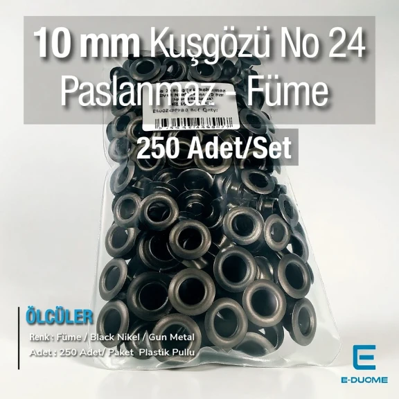 No 24 Kuşgözü Füme - Siyah Nikel Paslanmaz Çelik İç Çap 10 mm (250 Ad/Paket) ER0024PPKBN
