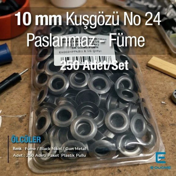 No 24 Kuşgözü Füme - Siyah Nikel Paslanmaz Çelik İç Çap 10 mm (250 Ad/Paket) ER0024PPKBN