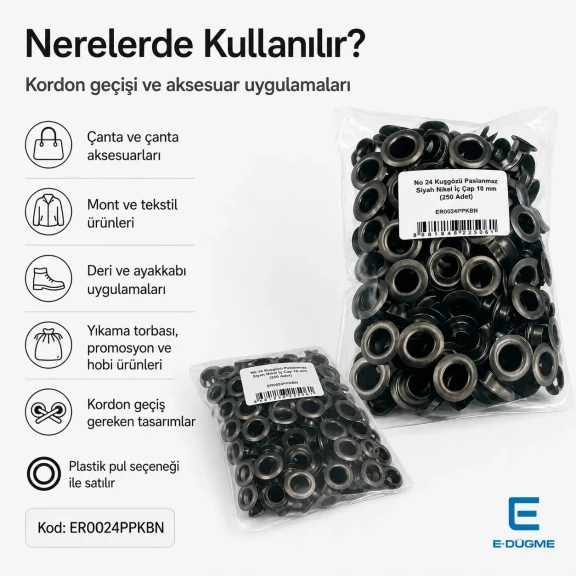 No 24 Kuşgözü Füme Siyah Nikel Paslanmaz 10 mm İç Çap 250 Adet/Paket, çanta ve ayakkabı üretiminde güvenilir kordon geçişi