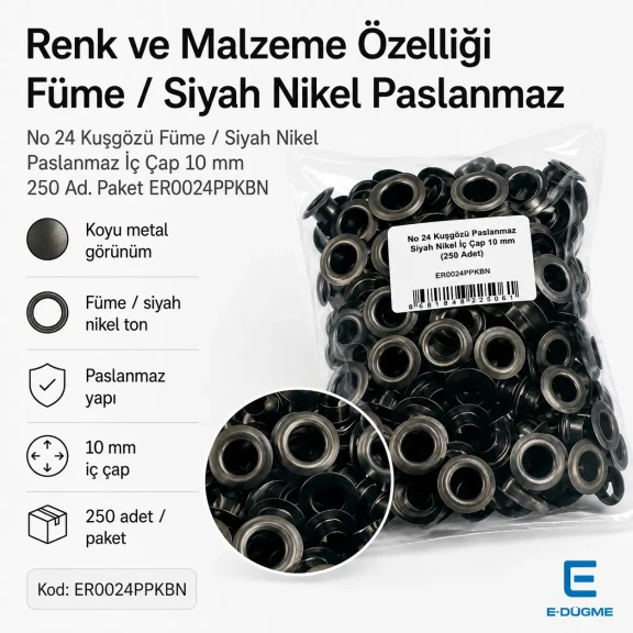 No 24 Kuşgözü Füme Siyah Nikel Paslanmaz 10 mm İç Çap 250 Adet/Paket, çanta ve ayakkabı üretiminde güvenilir kordon geçişi
