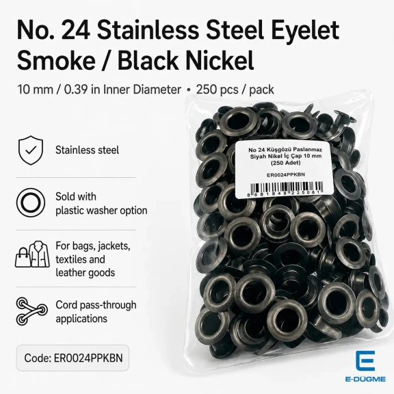 No 24 Kuşgözü Füme Siyah Nikel Paslanmaz 10 mm İç Çap 250 Adet/Paket, çanta ve ayakkabı üretiminde güvenilir kordon geçişi