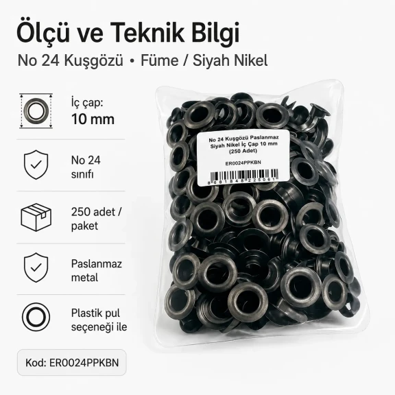 No 24 Kuşgözü Füme Siyah Nikel Paslanmaz 10 mm İç Çap 250 Adet/Paket, çanta ve ayakkabı üretiminde güvenilir kordon geçişi