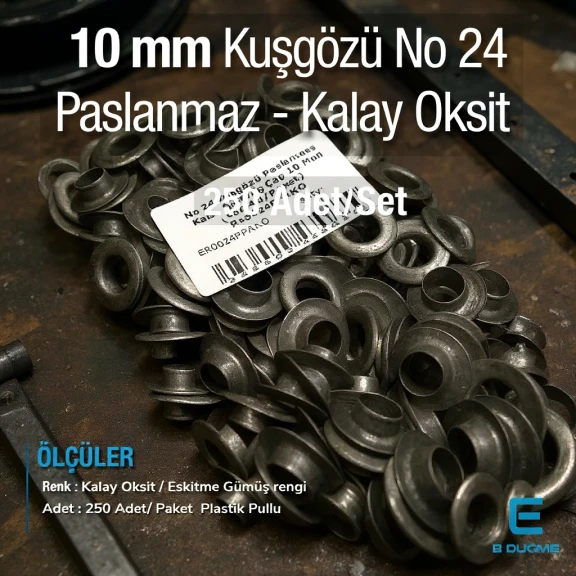 No 24 Kuşgözü Eskitme Gümüş Paslanmaz Çelik İç Çap 10 mm (250 Ad/Paket) ER0024PPKKO