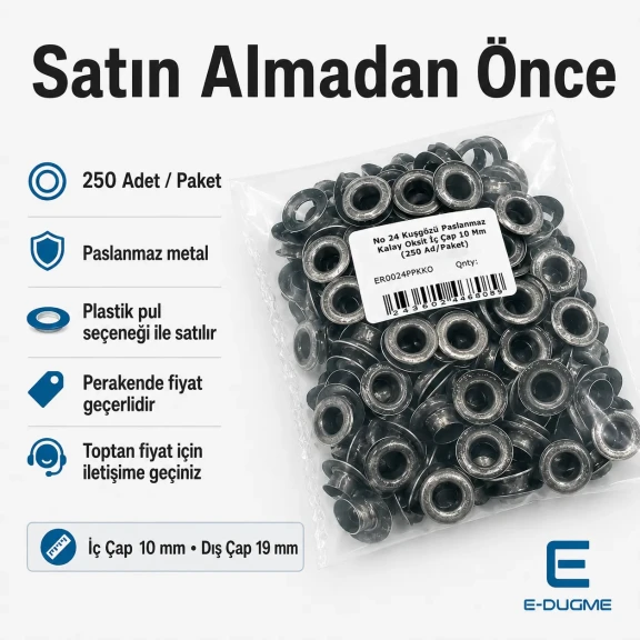 No 24 Kuşgözü Eskitme Gümüş Paslanmaz 10 mm İç Çap 250 Adet/Paket, Dış Giyimde ve Çanta Üretiminde Kullanım için Uygun