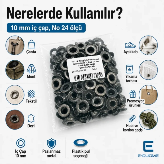 No 24 Kuşgözü Eskitme Gümüş Paslanmaz 10 mm İç Çap 250 Adet/Paket, Dış Giyimde ve Çanta Üretiminde Kullanım için Uygun