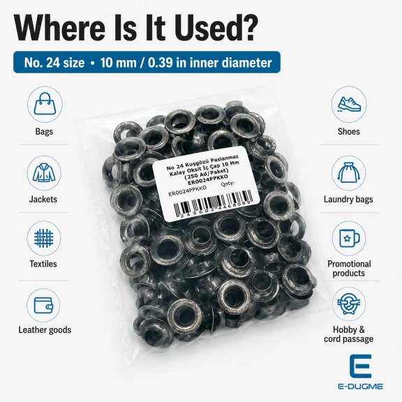 No 24 Kuşgözü Eskitme Gümüş Paslanmaz 10 mm İç Çap 250 Adet/Paket, Dış Giyimde ve Çanta Üretiminde Kullanım için Uygun