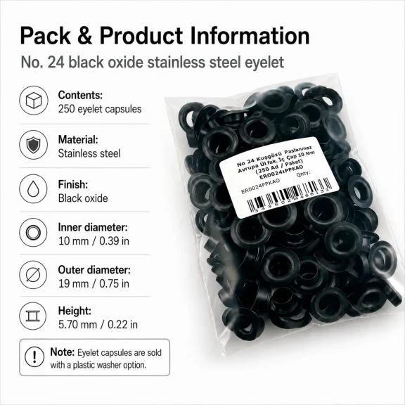 No 24 Kuşgözü Siyah Oksit Paslanmaz Çelik 10 mm İç Çap 250 Adet/Paket, Çanta ve Ayakkabı Aksesuarı