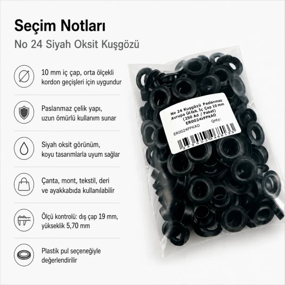No 24 Kuşgözü Siyah Oksit Paslanmaz Çelik 10 mm İç Çap 250 Adet/Paket, Çanta ve Ayakkabı Aksesuarı