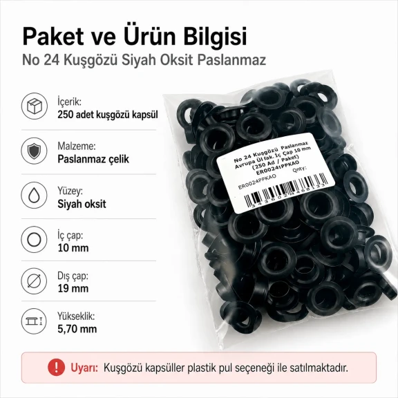 No 24 Kuşgözü Siyah Oksit Paslanmaz Çelik 10 mm İç Çap 250 Adet/Paket, Çanta ve Ayakkabı Aksesuarı