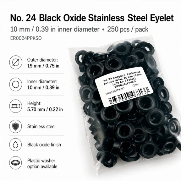 No 24 Kuşgözü Siyah Oksit Paslanmaz Çelik 10 mm İç Çap 250 Adet/Paket, Çanta ve Ayakkabı Aksesuarı