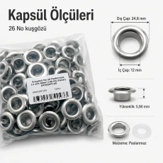 12 mm İç Çap No 26 Paslanmaz Bombeli Kuşgözü Gümüş - Nikel – 100 Adet/Paket ER0026P100