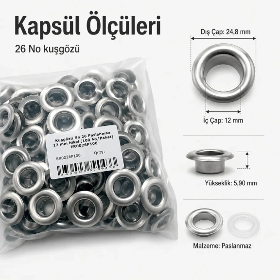 12 mm Stainless Metal Eyelet with Washer for Bags and Apparel, 100 pcs Pack