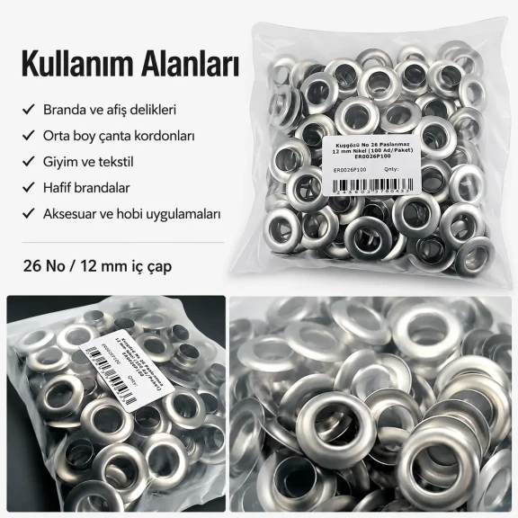 12 mm Stainless Metal Eyelet with Washer for Bags and Apparel, 100 pcs Pack