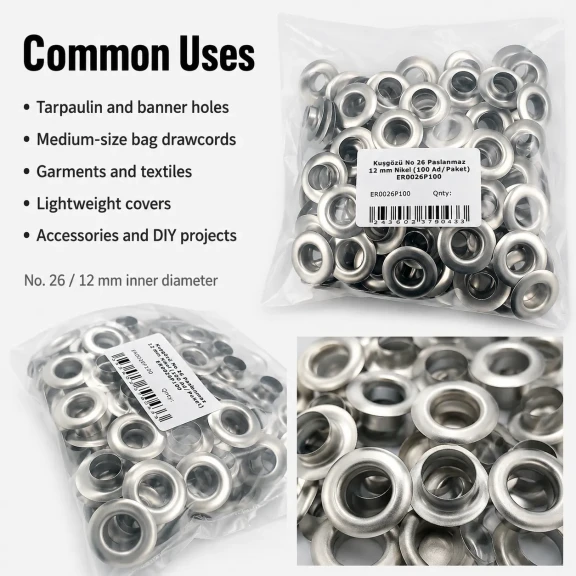 12 mm Stainless Metal Eyelet with Washer for Bags and Apparel, 100 pcs Pack