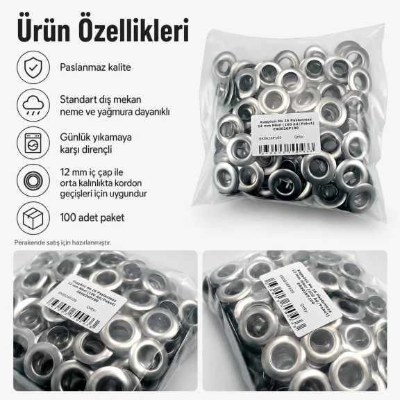 12 mm Stainless Metal Eyelet with Washer for Bags and Apparel, 100 pcs Pack