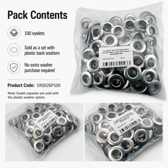 12 mm Stainless Metal Eyelet with Washer for Bags and Apparel, 100 pcs Pack