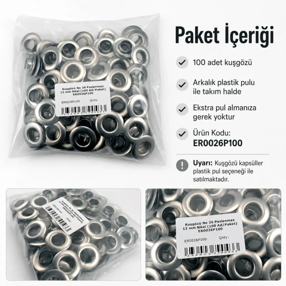 12 mm Stainless Metal Eyelet with Washer for Bags and Apparel, 100 pcs Pack