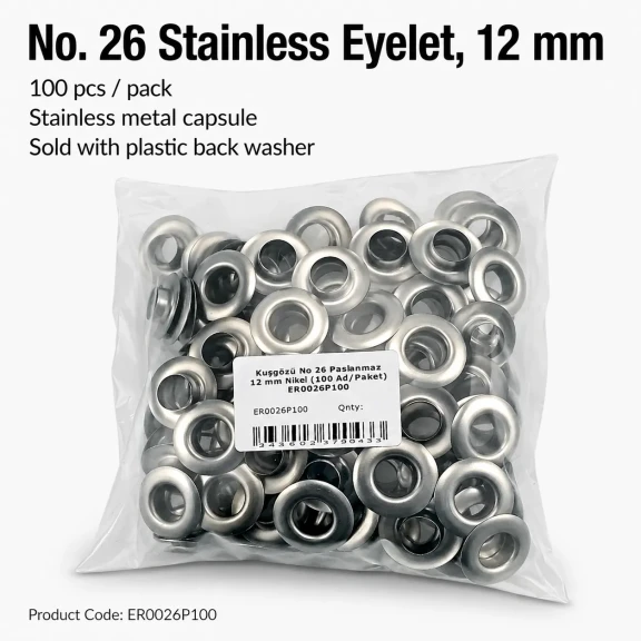 12 mm Stainless Metal Eyelet with Washer for Bags and Apparel, 100 pcs Pack