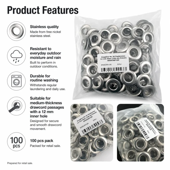 12 mm Stainless Metal Eyelet with Washer for Bags and Apparel, 100 pcs Pack