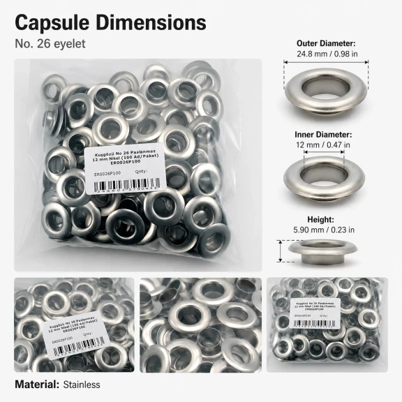 12 mm Stainless Metal Eyelet with Washer for Bags and Apparel, 100 pcs Pack
