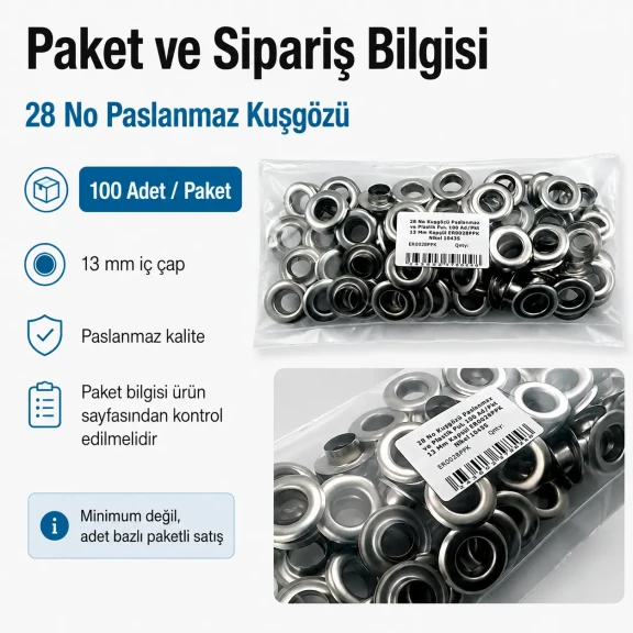 28 No Paslanmaz Kuşgözü 13 mm İç Çap 100 Adet/Paket, çanta, kemer ve afiş üretimi için ideal, yüksek paslanma direncine