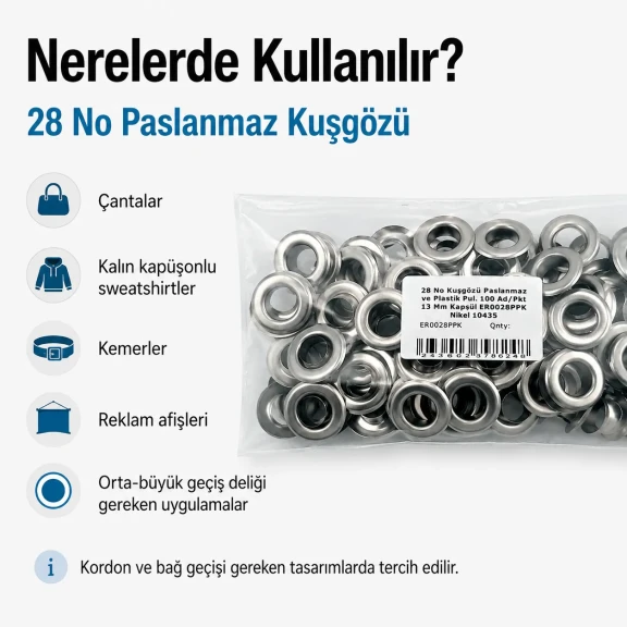 28 No Paslanmaz Kuşgözü 13 mm İç Çap 100 Adet/Paket, çanta, kemer ve afiş üretimi için ideal, yüksek paslanma direncine