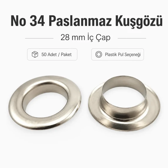 Kuşgözü No 34 Paslanmaz 28 mm Plastik Pul Seçenekli 50 Adet Paket ER0034PPK