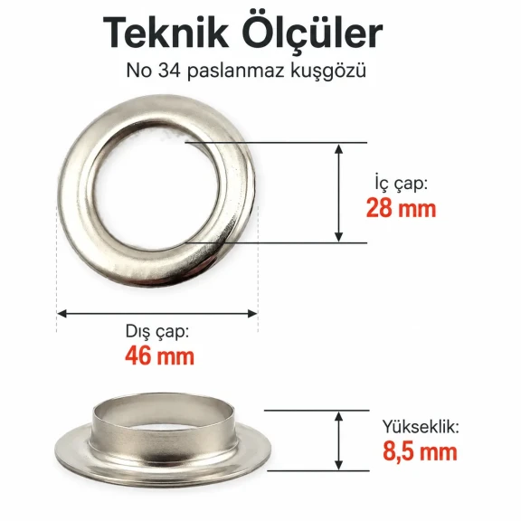 Kuşgözü No 34 Paslanmaz 28 mm Plastik Pul Seçenekli 50 Adet Paket, kalın kumaşlar için dayanıklı bağlantı elemanı