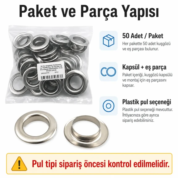 Kuşgözü No 34 Paslanmaz 28 mm Plastik Pul Seçenekli 50 Adet Paket, kalın kumaşlar için dayanıklı bağlantı elemanı