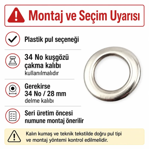 Kuşgözü No 34 Paslanmaz 28 mm Plastik Pul Seçenekli 50 Adet Paket, kalın kumaşlar için dayanıklı bağlantı elemanı