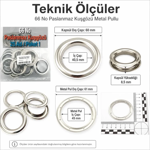 66 No Paslanmaz Kuşgözü Metal Pullu 25 Adet Paket - Endüstriyel Tekstil Çözümleri için Dayanıklı ve Uzun Ömürlü Bağlantı